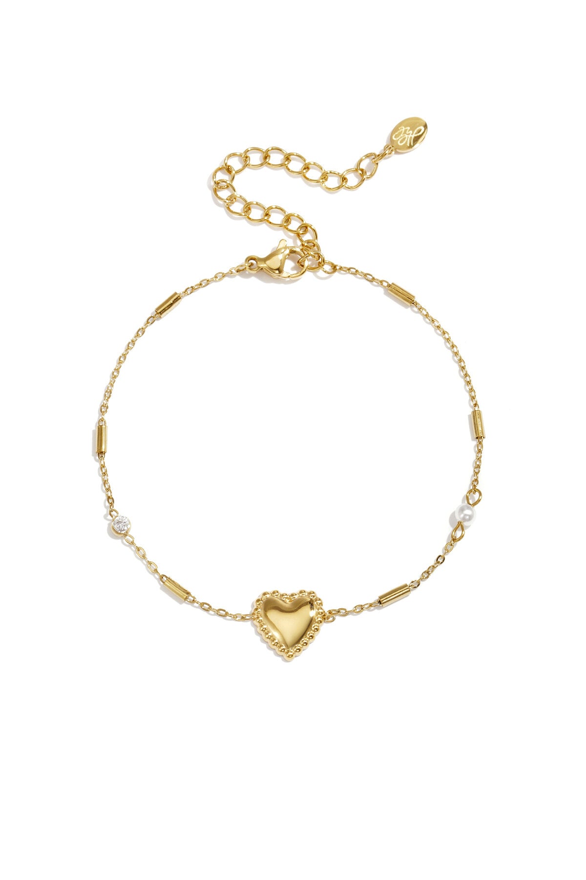 Armband met hart, parel en steentje