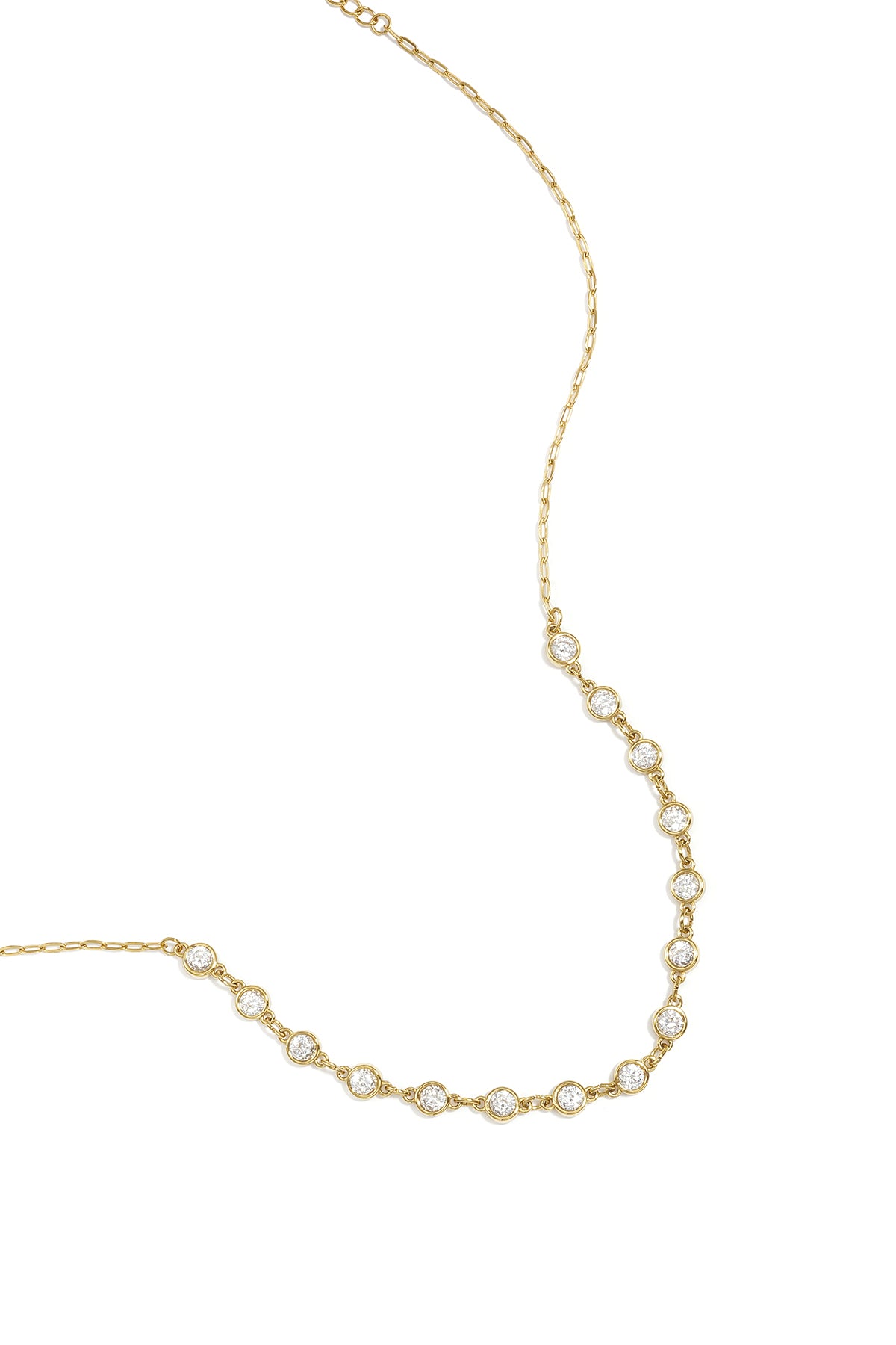 Goudkleurige korte stainless steel ketting met ronde strass steentjes, 39 cm + 5 cm verlengketting.