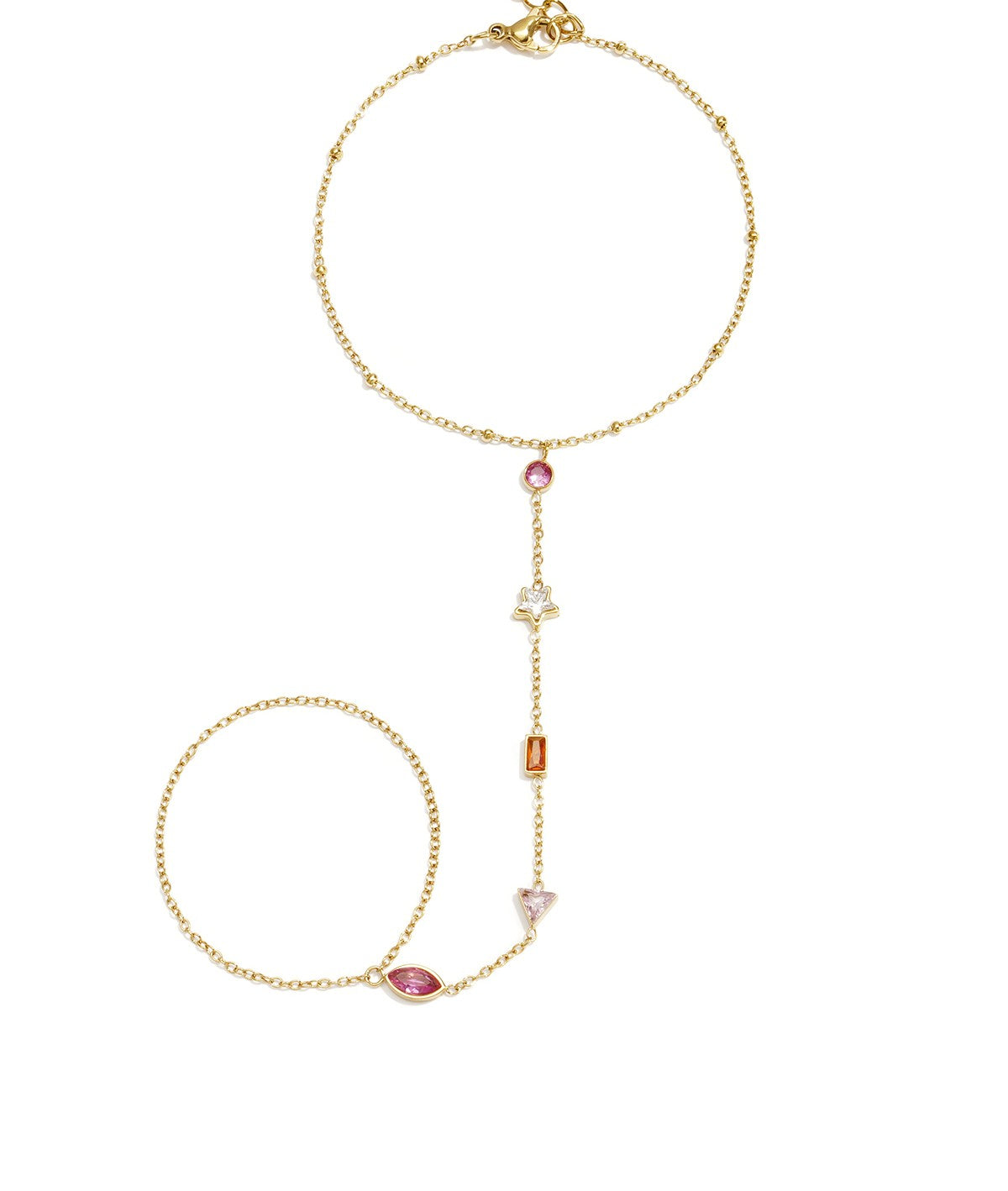 Goudkleurige stainless steel hand chain met roze, oranje en witte steentjes in verschillende vormen