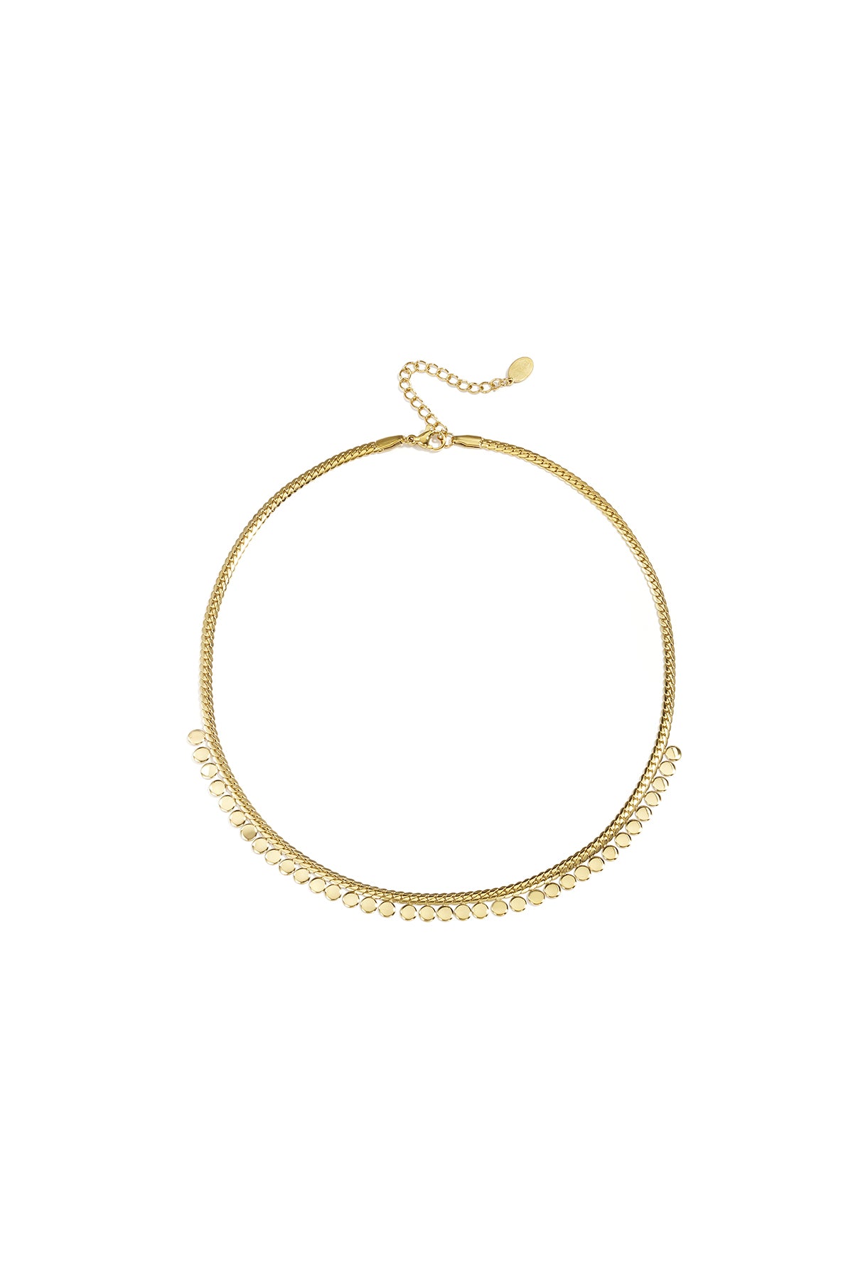 Goudkleurige stainless steel ketting met fijne schakels en kleine ronde bedeltjes langs de onderzijde.
