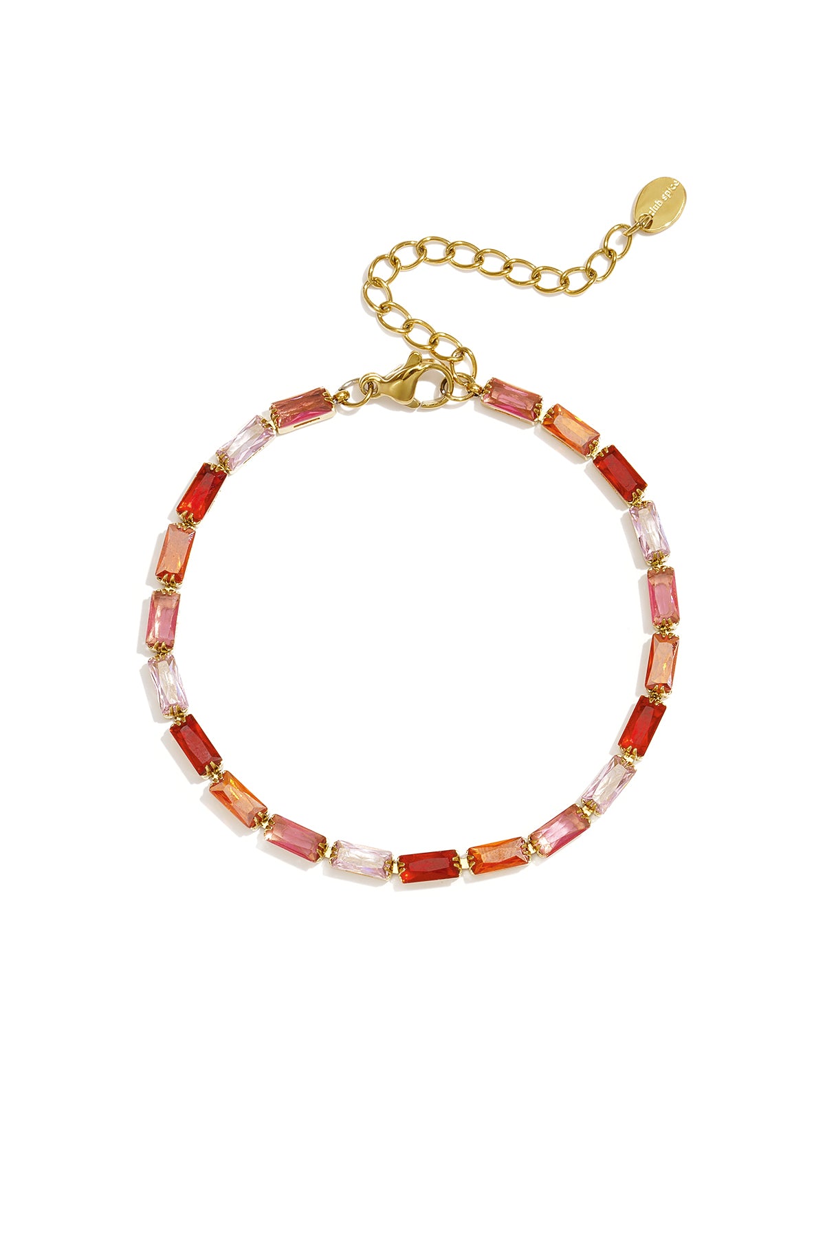 Goudkleurige stainless steel armband met rechthoekige steentjes in roze, rood en oranje