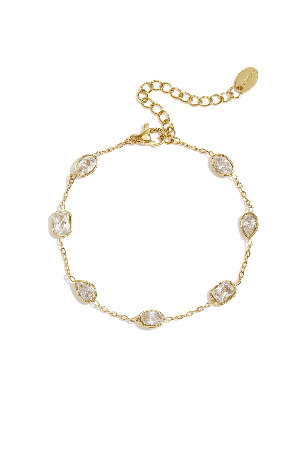 Goudkleurige stainless steel armband met witte steentjes in verschillende vormen