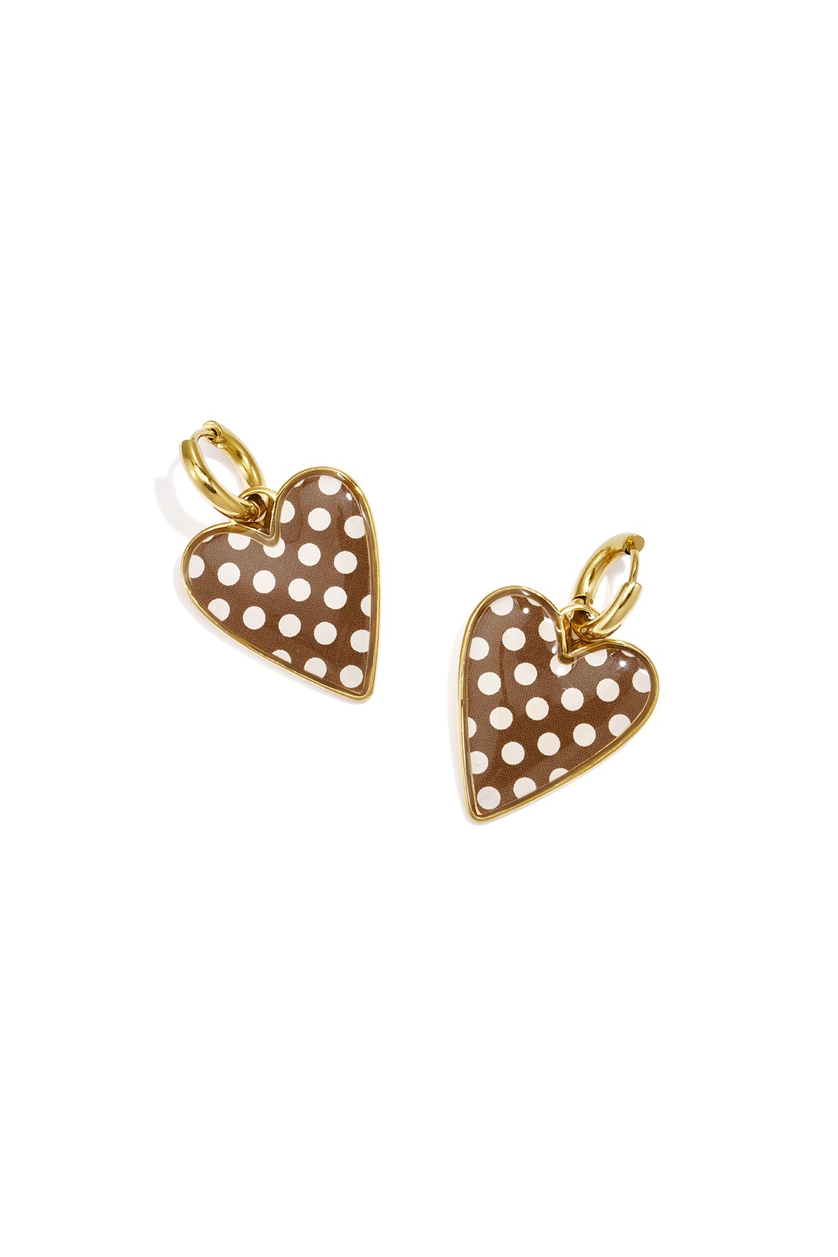 Oorringen met polkadot hart - bruin &amp; wit