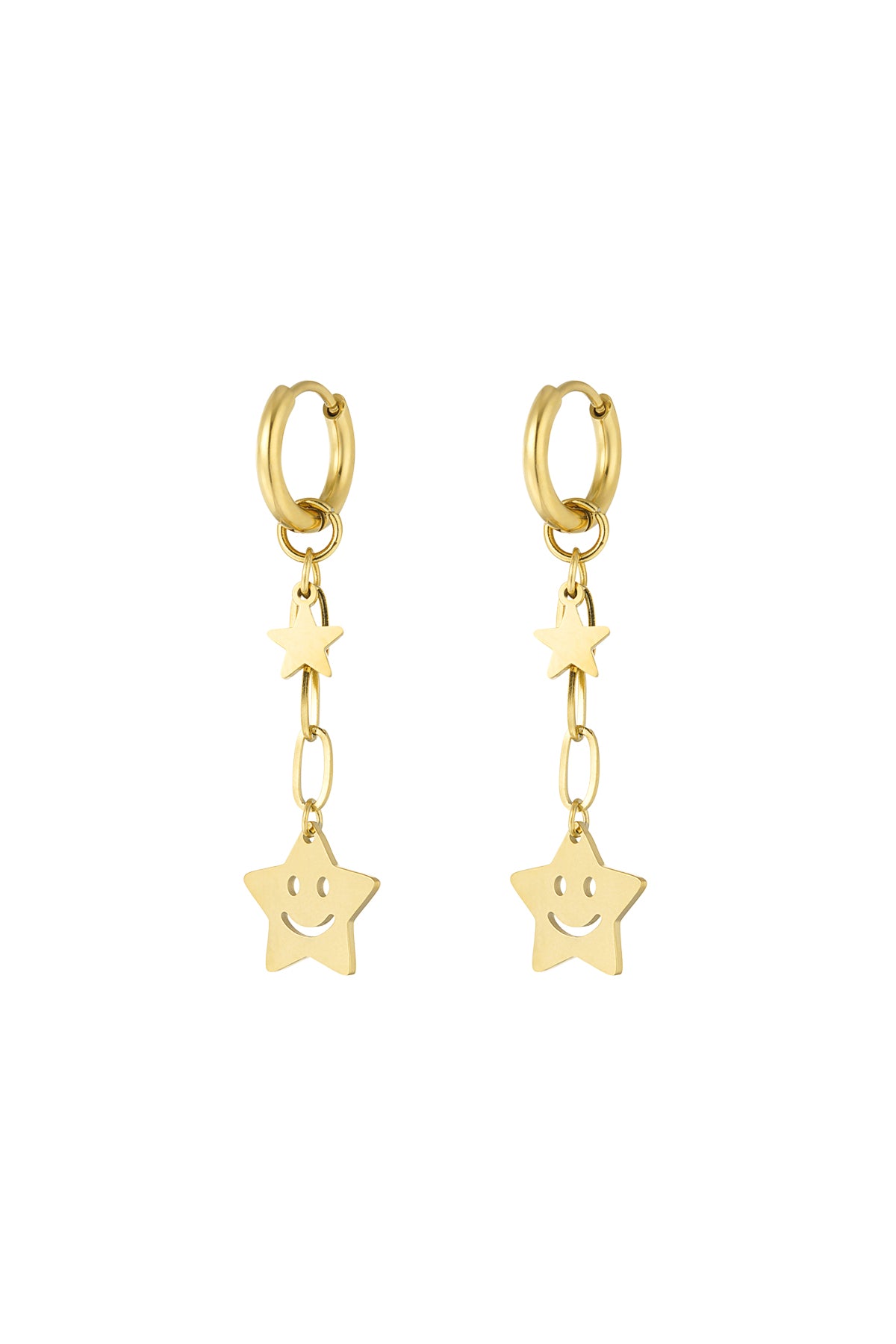 Goudkleurige stainless steel oorringen met hangende sterren en smiley