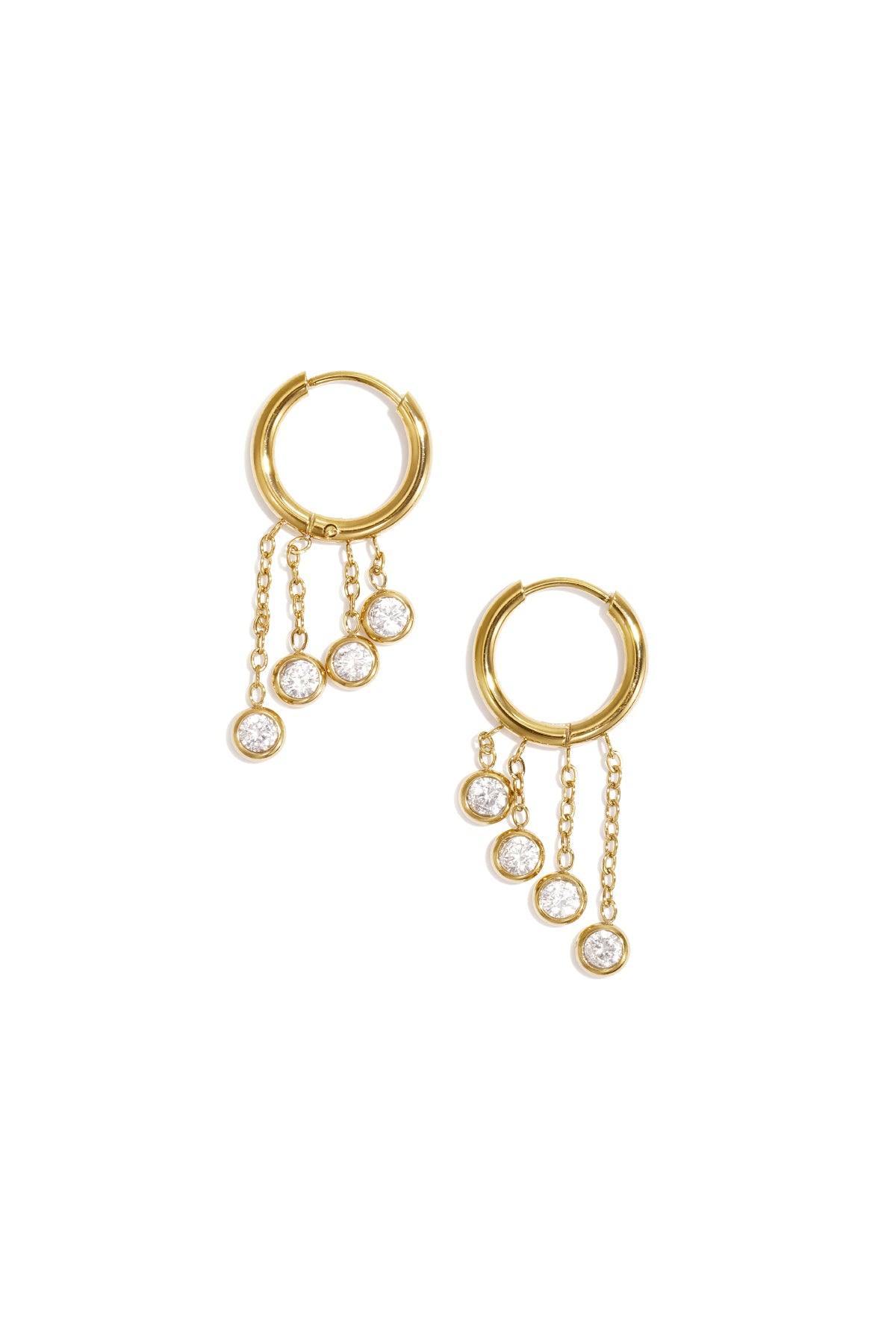 Goudkleurige stainless steel oorringen met vier hangende kettinkjes en witte steentjes
