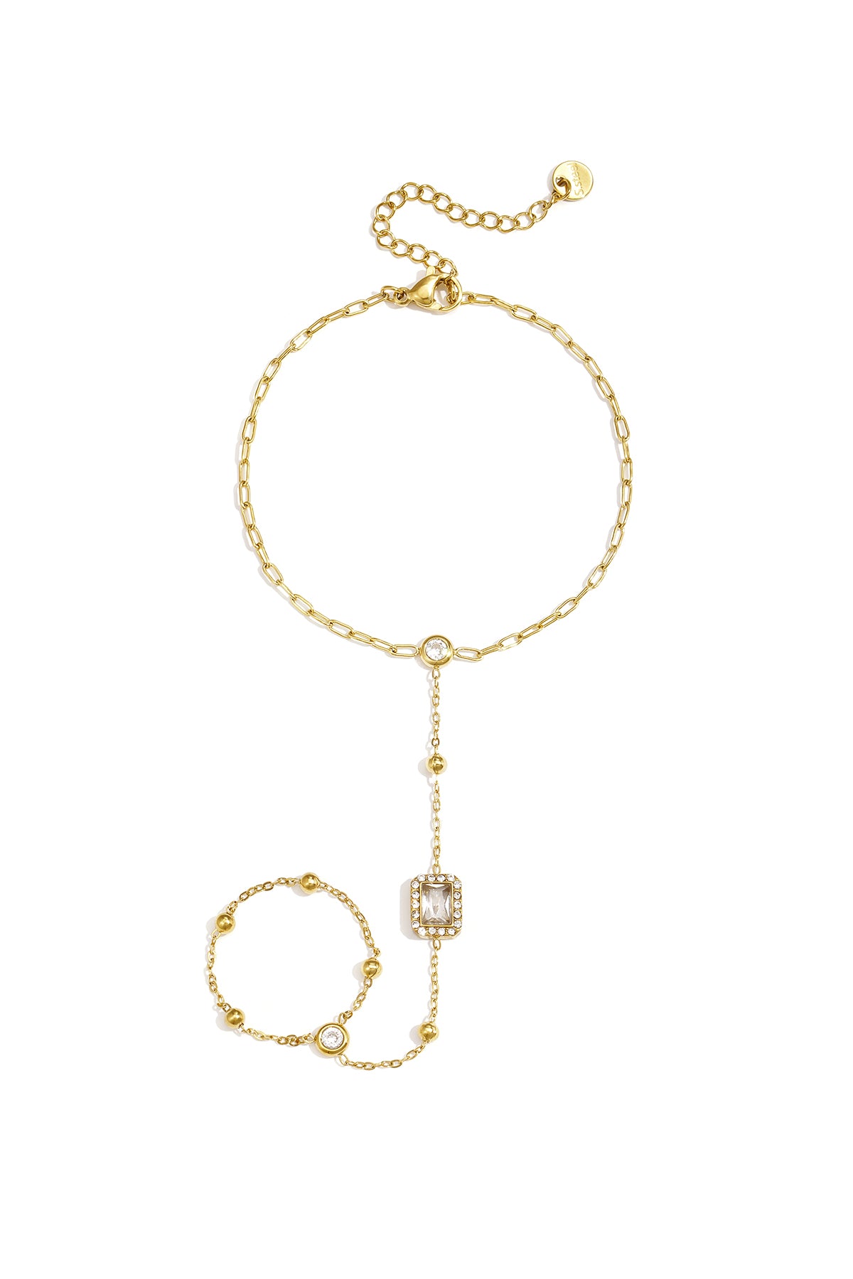 Goudkleurige stainless steel hand chain met heldere steentjes en rechthoekige steen