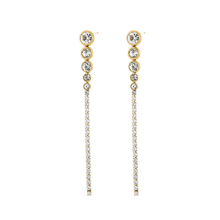 Lange goudkleurige stainless steel oorbellen van 7 cm met ronde strass steentjes en twee smalle hangende slierten