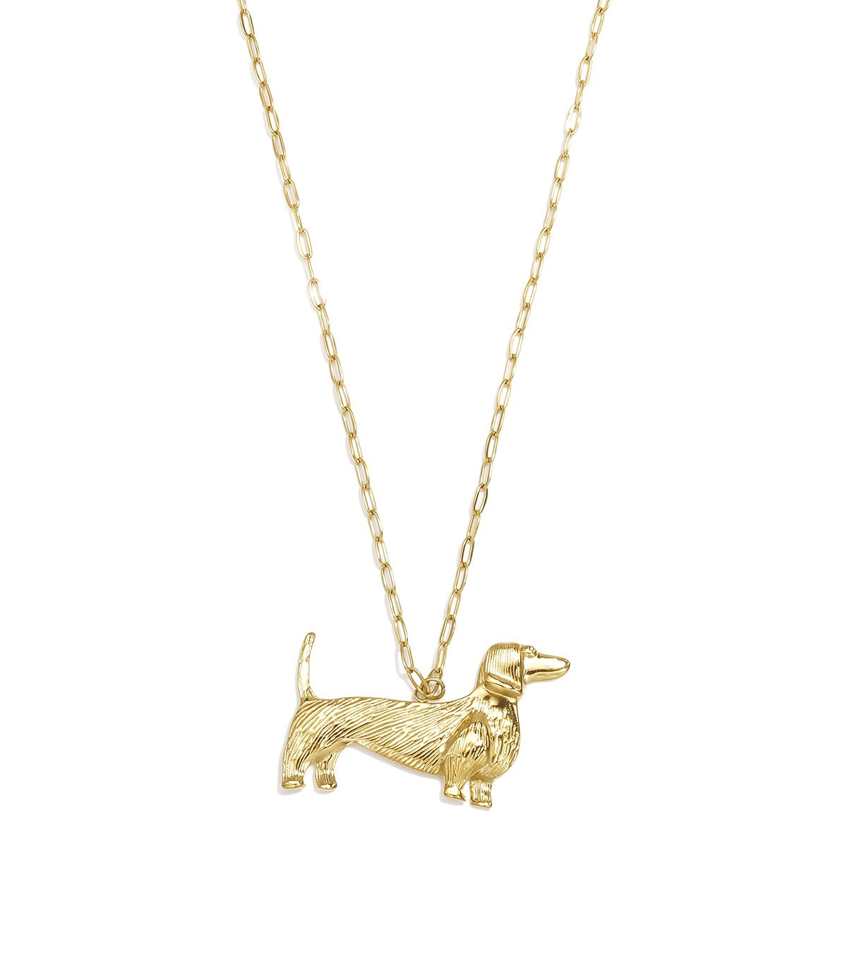 Goudkleurige lange stainless steel schakelketting met teckel hond hanger