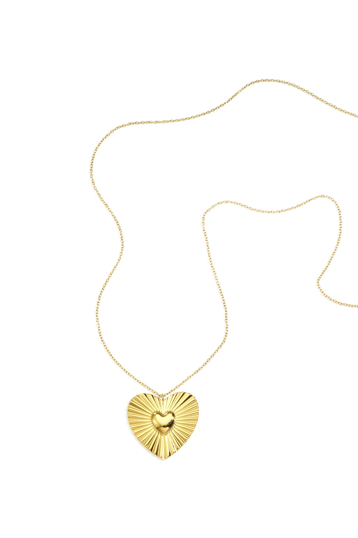 Goudkleurige lange stainless steel ketting met groot stralend hart en klein hartje in het midden