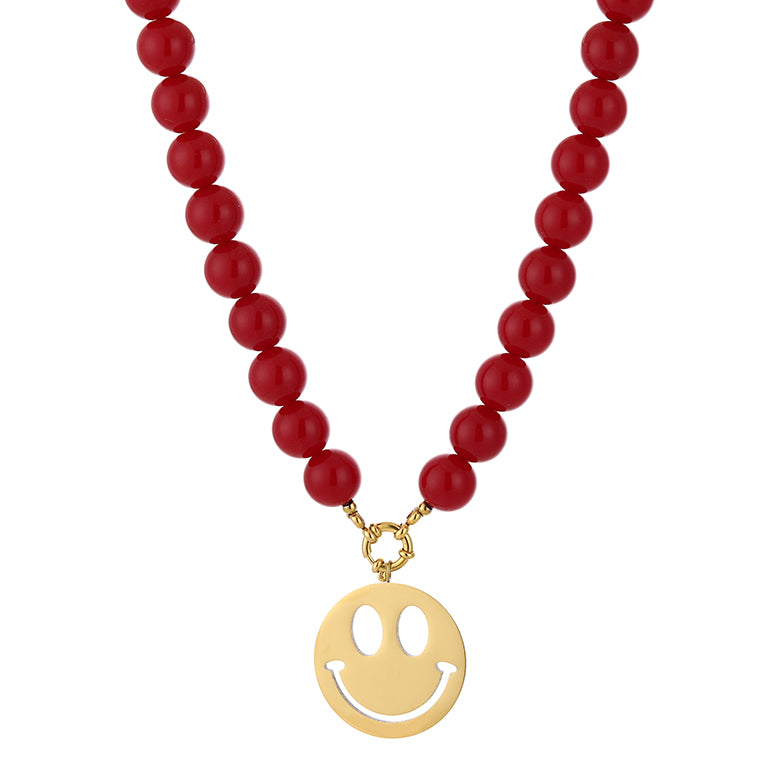 Rode kralenketting met gouden stainless steel smiley