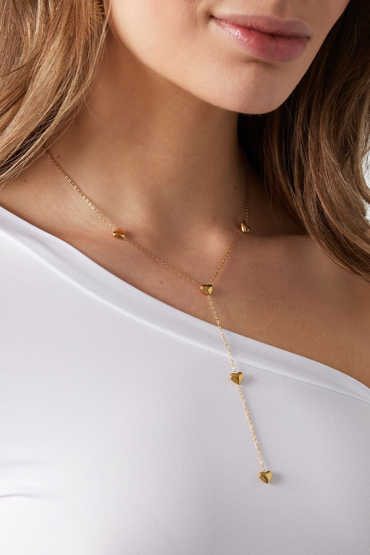 Y-ketting met hartjes goud stainless steel