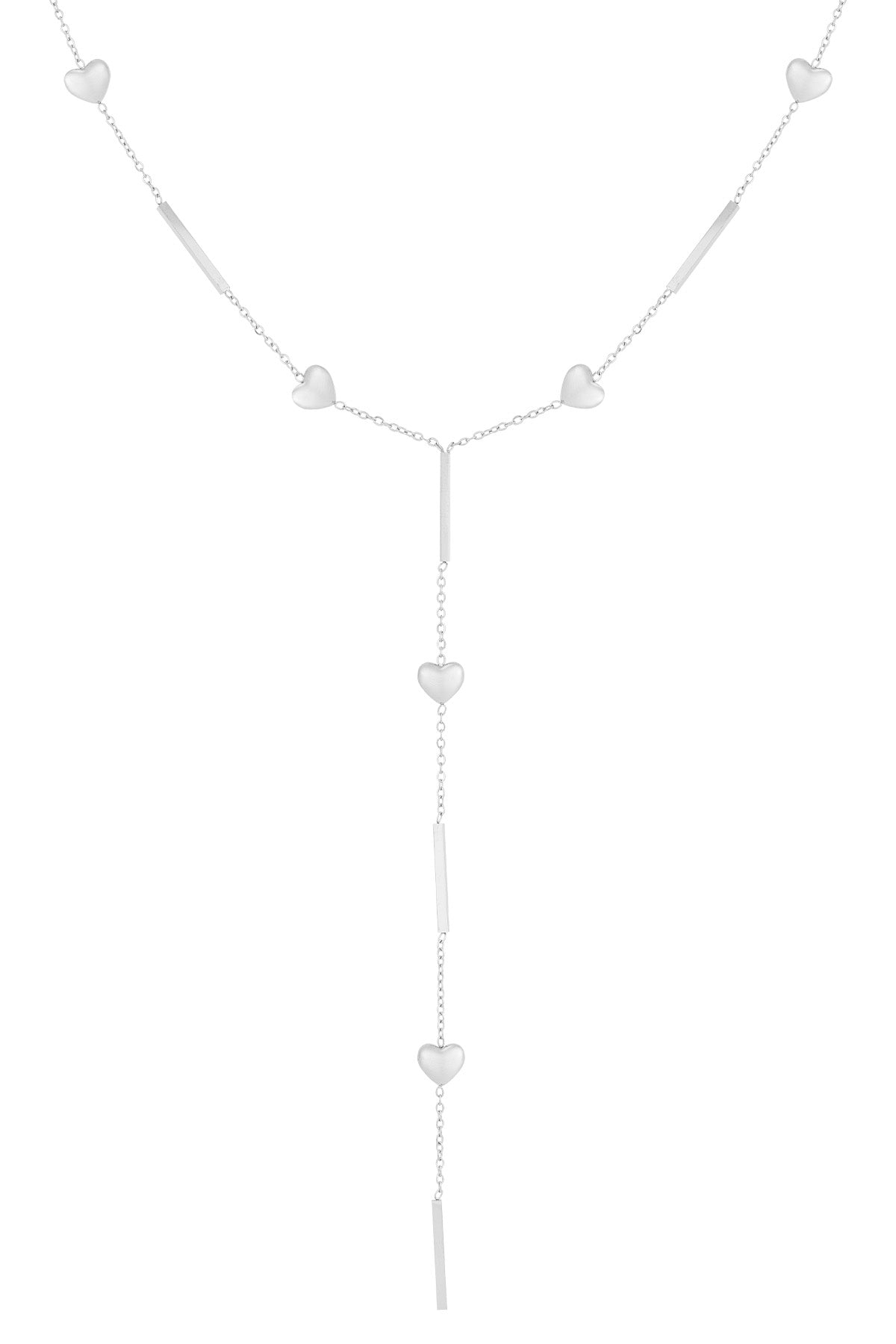 Zilverkleurige stainless steel Y-ketting met hartjes en staafjes