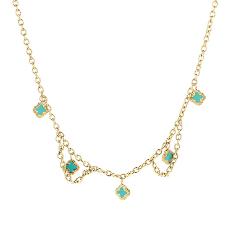 Be-Lovely | Schattige Gouden Stainless Steel Ketting met Turquoise Klavertjes Vier Bedels